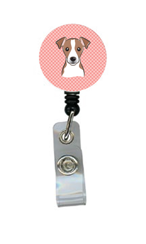 Checkerboard Pink Jack Russell Terrier Retractable Badge Reel