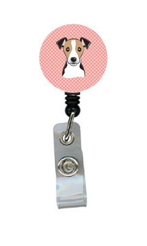Checkerboard Pink Jack Russell Terrier Retractable Badge Reel