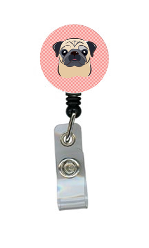 Checkerboard Pink Fawn Pug Retractable Badge Reel