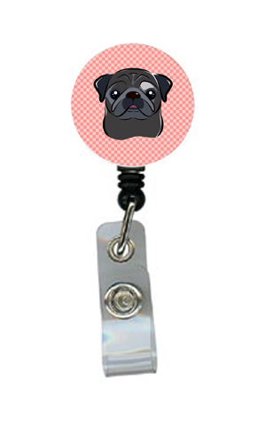 Checkerboard Pink Black Pug Retractable Badge Reel