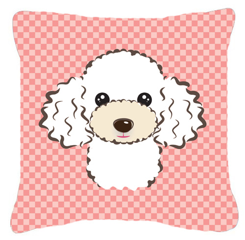 Checkerboard Pink White Poodle Fabric Decorative Pillow, 14 x 14 In.