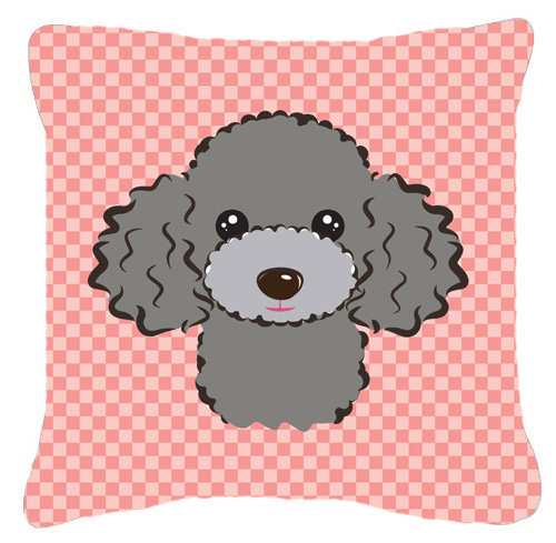 Checkerboard Pink Silver Gray Poodle Fabric Decorative Pillow- 14 x 14 In.