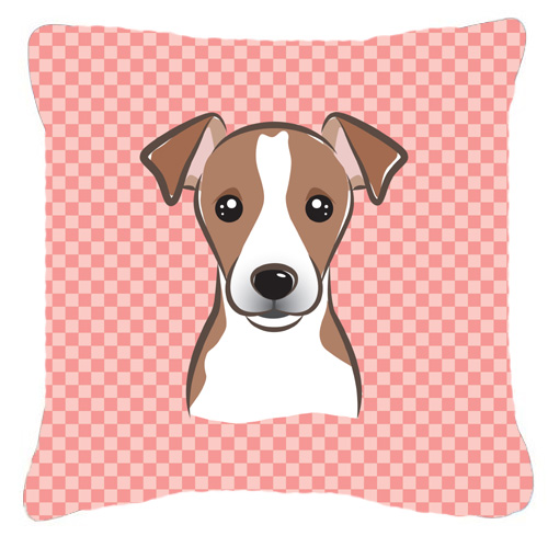 Checkerboard Pink Jack Russell Terrier Fabric Decorative Pillow- 14 x 14 In.
