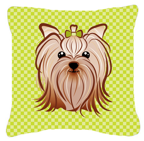 Checkerboard Lime Green Yorkie Yorkishire Terrier Fabric Decorative Pillow- 14 x 14 In.