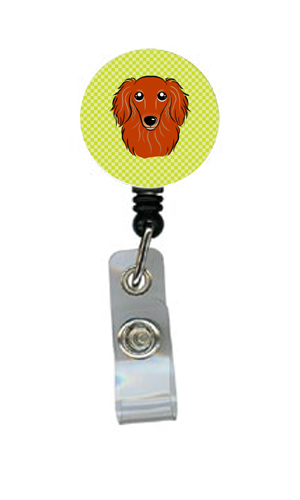 Checkerboard Lime Green Longhair Red Dachshund Retractable Badge Reel