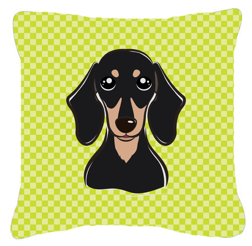 Checkerboard Lime Green Smooth Black And Tan Dachshund Fabric Decorative Pillow 14 x 14 In.