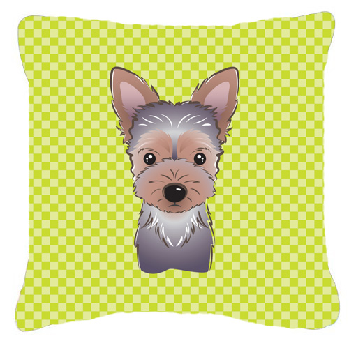 Checkerboard Lime Green Yorkie Puppy Fabric Decorative Pillow- - 14 x 14 In.