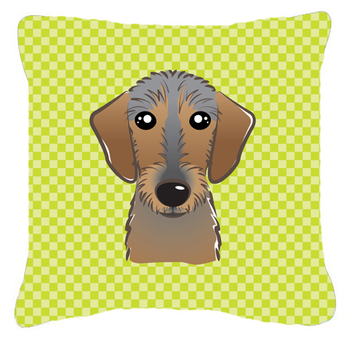 Checkerboard Lime Green Wirehaired Dachshund Fabric Decorative Pillow- - 14 x 14 In.