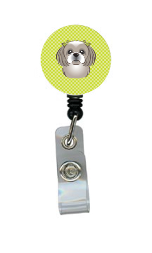 Checkerboard Lime Green Gray Silver Shih Tzu Retractable Badge Reel