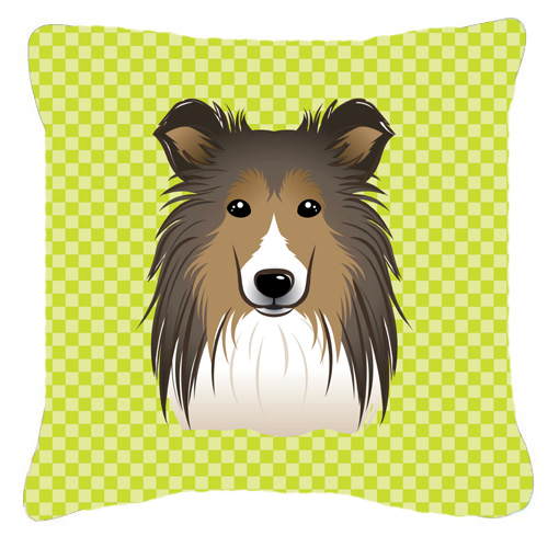 Checkerboard Lime Green Sheltie Fabric Decorative Pillow- 14 x 14 In.