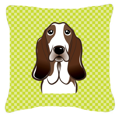 Checkerboard Lime Green Basset Hound Fabric Decorative Pillow- 14 x 14 In.