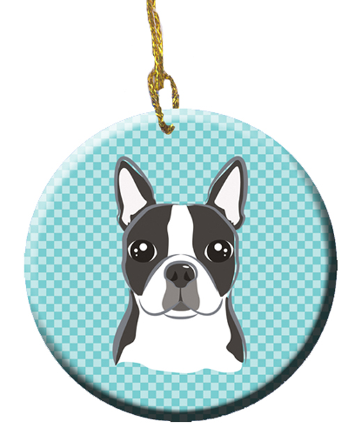 Checkerboard Blue Boston Terrier Ceramic Ornament, 2.81 In.