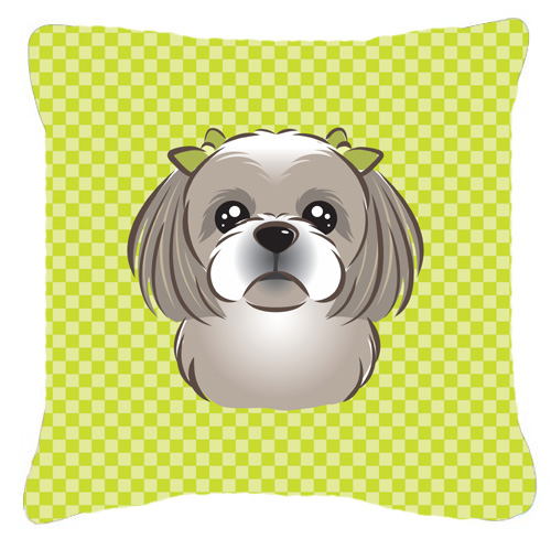 BB1312PW1414 Checkerboard Lime Green Gray Silver Shih Tzu Fabric Decorative Pillow- 14 x 14 In.