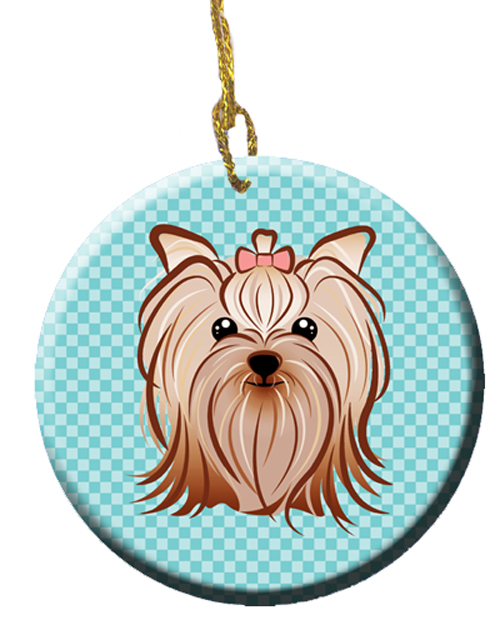 Checkerboard Blue Yorkie Yorkishire Terrier Ceramic Ornament, 2.81 In.
