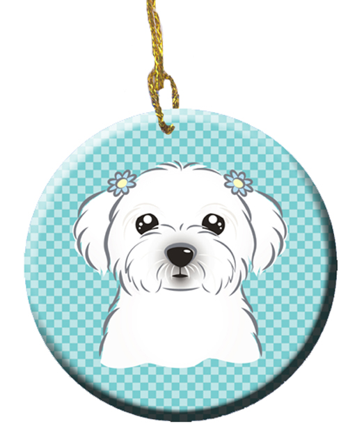 Checkerboard Blue Maltese Ceramic Ornament, 2.81 In.