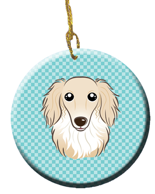 Checkerboard Blue Longhair Creme Dachshund Ceramic Ornament, 2.81 In.