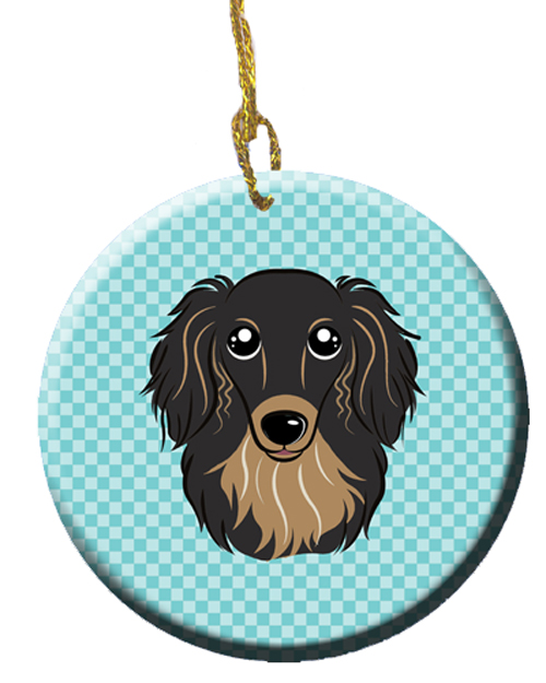 Checkerboard Blue Longhair Black And Tan Dachshund Ceramic Ornament, 2.81 In.