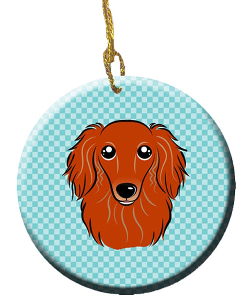 Checkerboard Blue Longhair Red Dachshund Ceramic Ornament, 2.81 In.