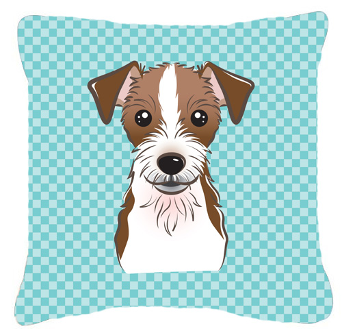 Checkerboard Blue Jack Russell Terrier Fabric Decorative Pillow- 18 x 18 In.