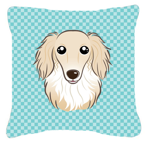 Checkerboard Blue Longhair Creme Dachshund Fabric Decorative Pillow- 18 x 18 In.