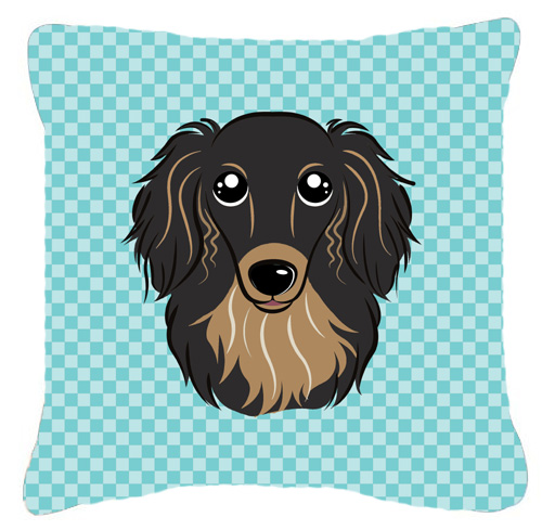 Checkerboard Blue Longhair Black And Tan Dachshund Fabric Decorative Pillow- 18 x 18 In.