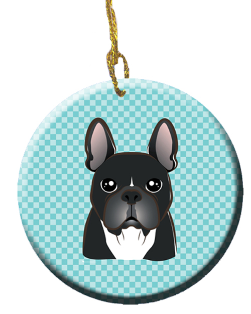 Checkerboard Blue French Bulldog Ceramic Ornament, 2.81 In.