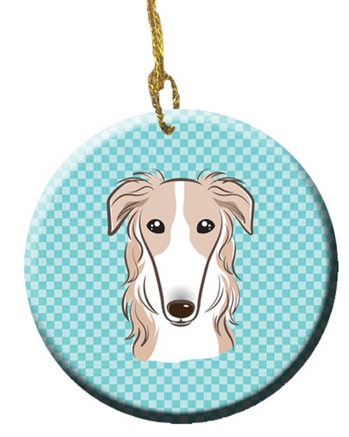 Checkerboard Blue Borzoi Ceramic Ornament, 2.81 In.