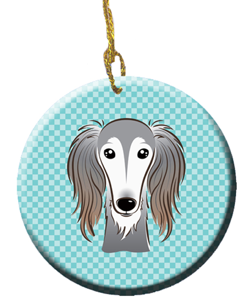 Checkerboard Blue Saluki Ceramic Ornament, 2.81 In.