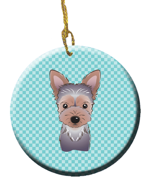 Checkerboard Blue Yorkie Puppy Ceramic Ornament, 2.81 In.