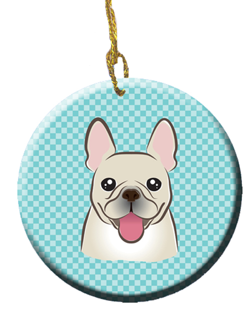 Checkerboard Blue French Bulldog Ceramic Ornament, 2.81 In.