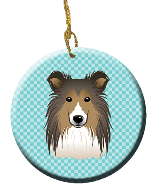 Checkerboard Blue Sheltie Ceramic Ornament, 2.81 In.