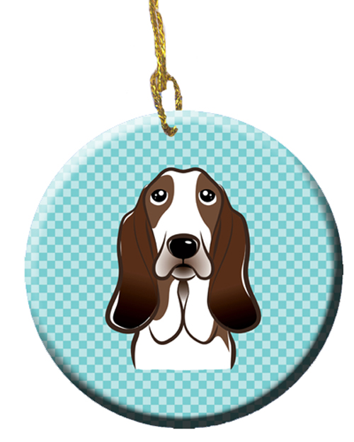 Checkerboard Blue Basset Hound Ceramic Ornament, 2.81 In.