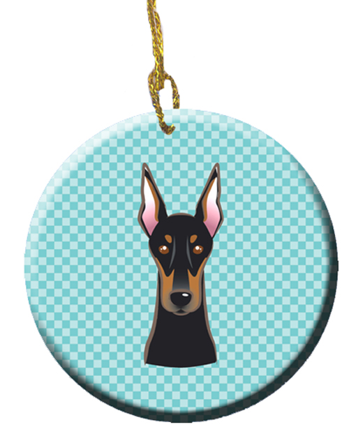 Checkerboard Blue Doberman Ceramic Ornament, 2.81 In.