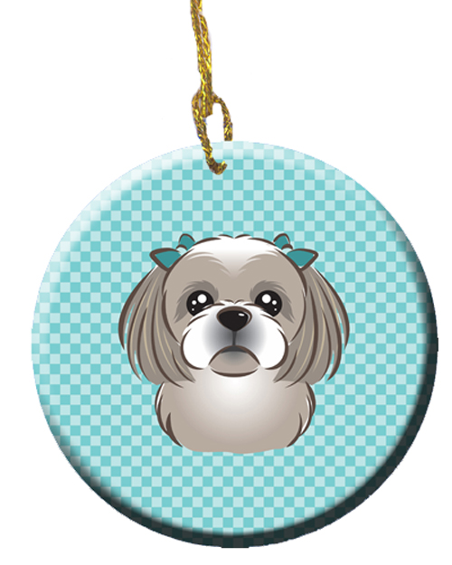 Checkerboard Blue Gray Silver Shih Tzu Ceramic Ornament, 2.81 In.