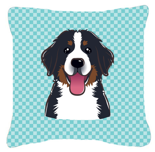 Checkerboard Blue Bernese Mountain Dog Fabric Decorative Pillow, 18 x 18 In.