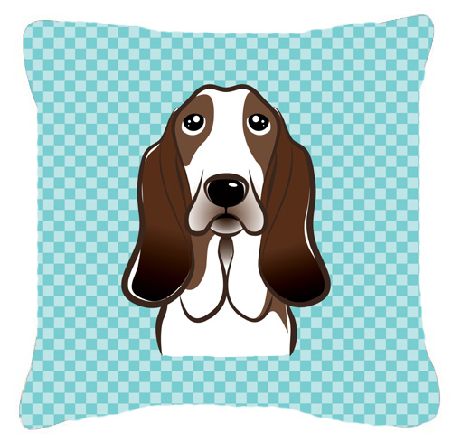 Checkerboard Blue Basset Hound Fabric Decorative Pillow 18 x 18 In.