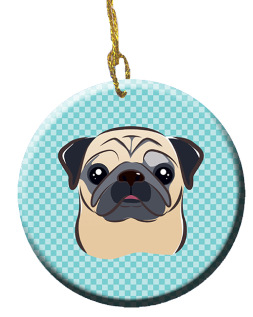 Checkerboard Blue Fawn Pug Ceramic Ornament, 2.81 In.