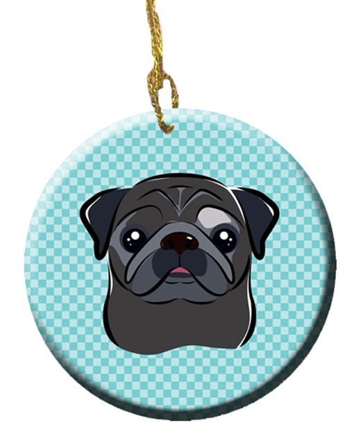Checkerboard Blue Black Pug Ceramic Ornament, 2.81 In.