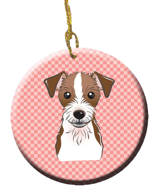 Checkerboard Pink Jack Russell Terrier Ceramic Ornament, 2.81 In.