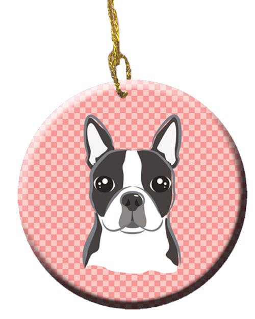 Checkerboard Pink Boston Terrier Ceramic Ornament, 2.81 In.