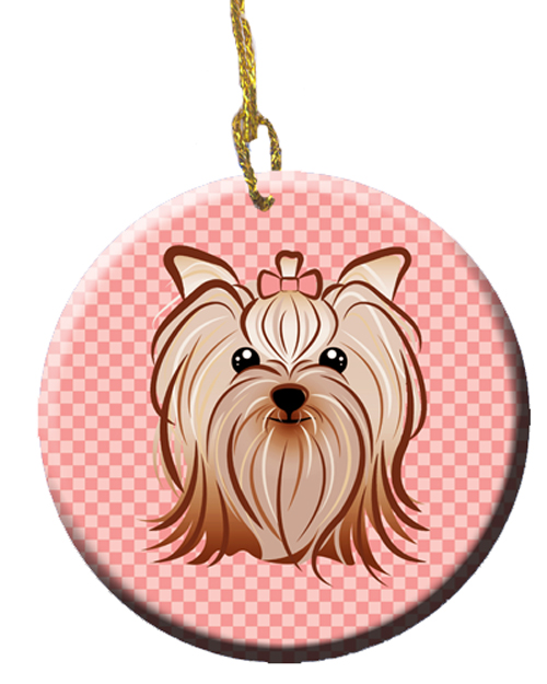 Checkerboard Pink Yorkie Yorkishire Terrier Ceramic Ornament, 2.81 In.