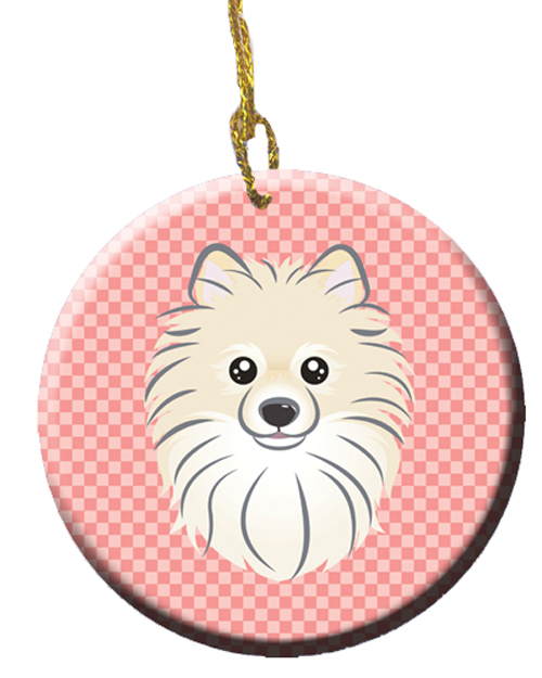 Checkerboard Pink Pomeranian Ceramic Ornament, 2.81 In.
