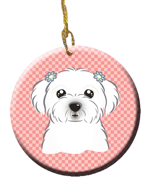 Checkerboard Pink Maltese Ceramic Ornament, 2.81 In.