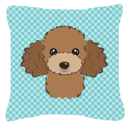 Checkerboard Blue Chocolate Brown Poodle Fabric Decorative Pillow 18 x 18 In.