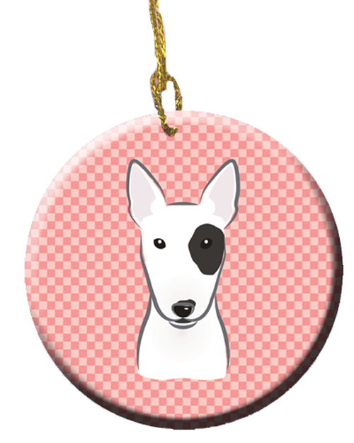 Checkerboard Pink Bull Terrier Ceramic Ornament, 2.81 In.