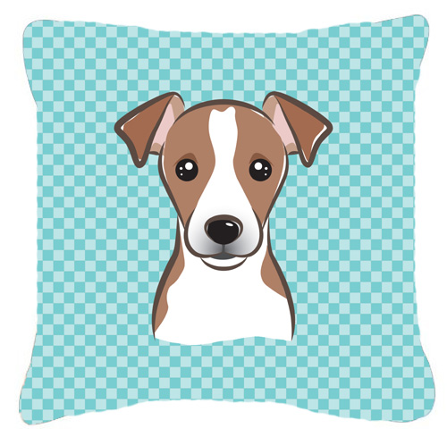 Checkerboard Blue Jack Russell Terrier Fabric Decorative Pillow- - 18 x 18 In.