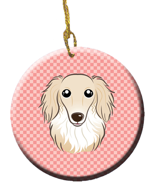 Checkerboard Pink Longhair Creme Dachshund Ceramic Ornament, 2.81 In.