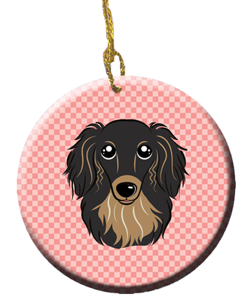 Checkerboard Pink Longhair Black And Tan Dachshund Ceramic Ornament, 2.81 In.