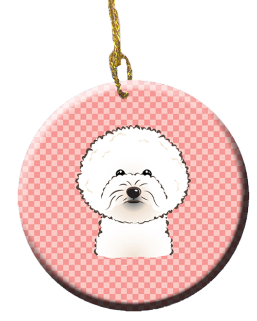 Checkerboard Pink Bichon Frise Ceramic Ornament, 2.81 In.