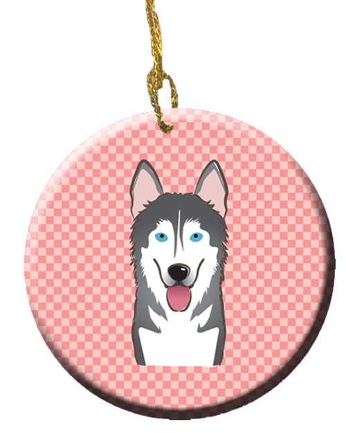 Checkerboard Pink Alaskan Malamute Ceramic Ornament, 2.81 In.
